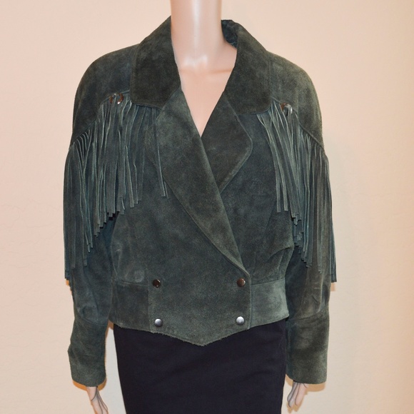 Vintage Jackets & Blazers - Vintage G4000 Green Suede Boho Fringe Jacket